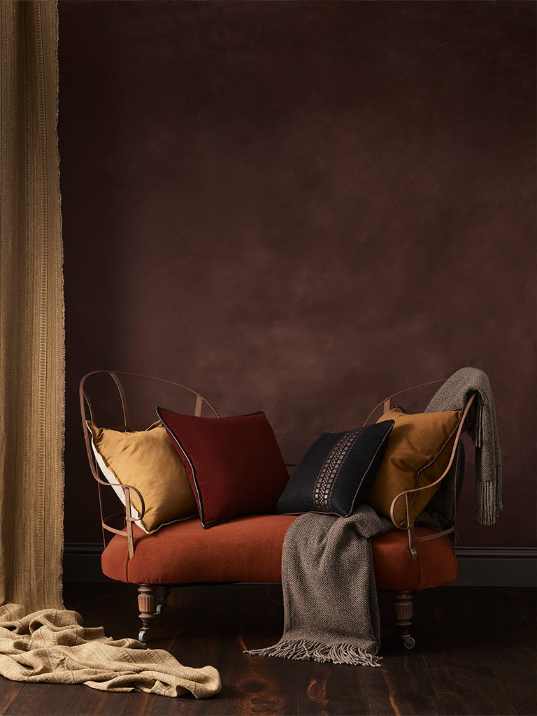 Merino Velvet Cushion with Leather Trim - Currant