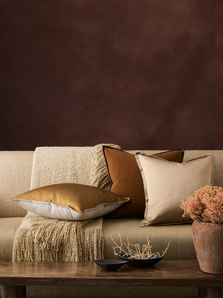 Merino Velvet Cushion with Leather Trim - Maple