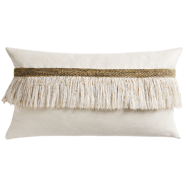Jungle Silk Cushion with Textured Fringe - Coconut
