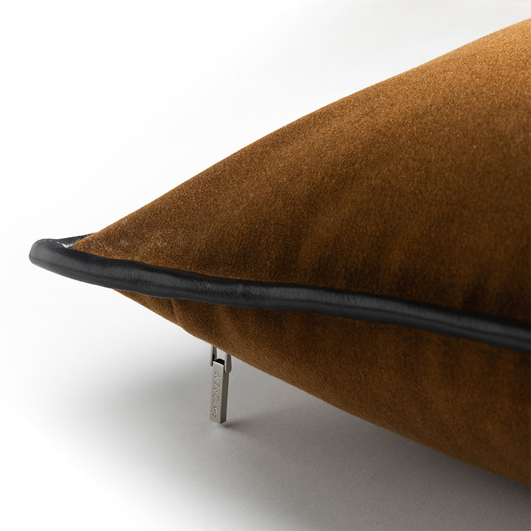 Merino Velvet Cushion with Leather Trim - Maple