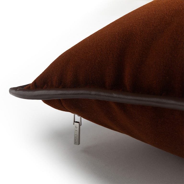 Merino Velvet Cushion with Leather Trim - Pumpkin